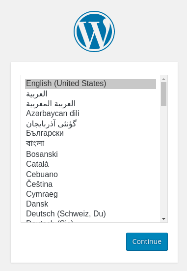 WordPress Language Selection Window