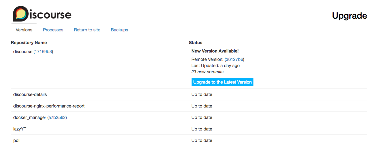 Discourse Upgrade Screen