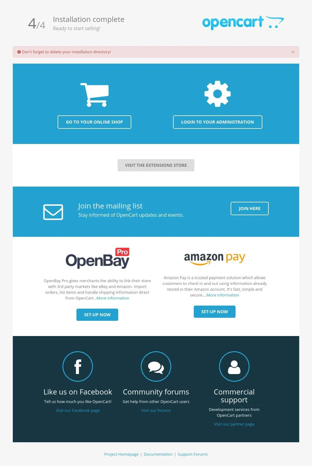 OpenCart Installation Complete Tab