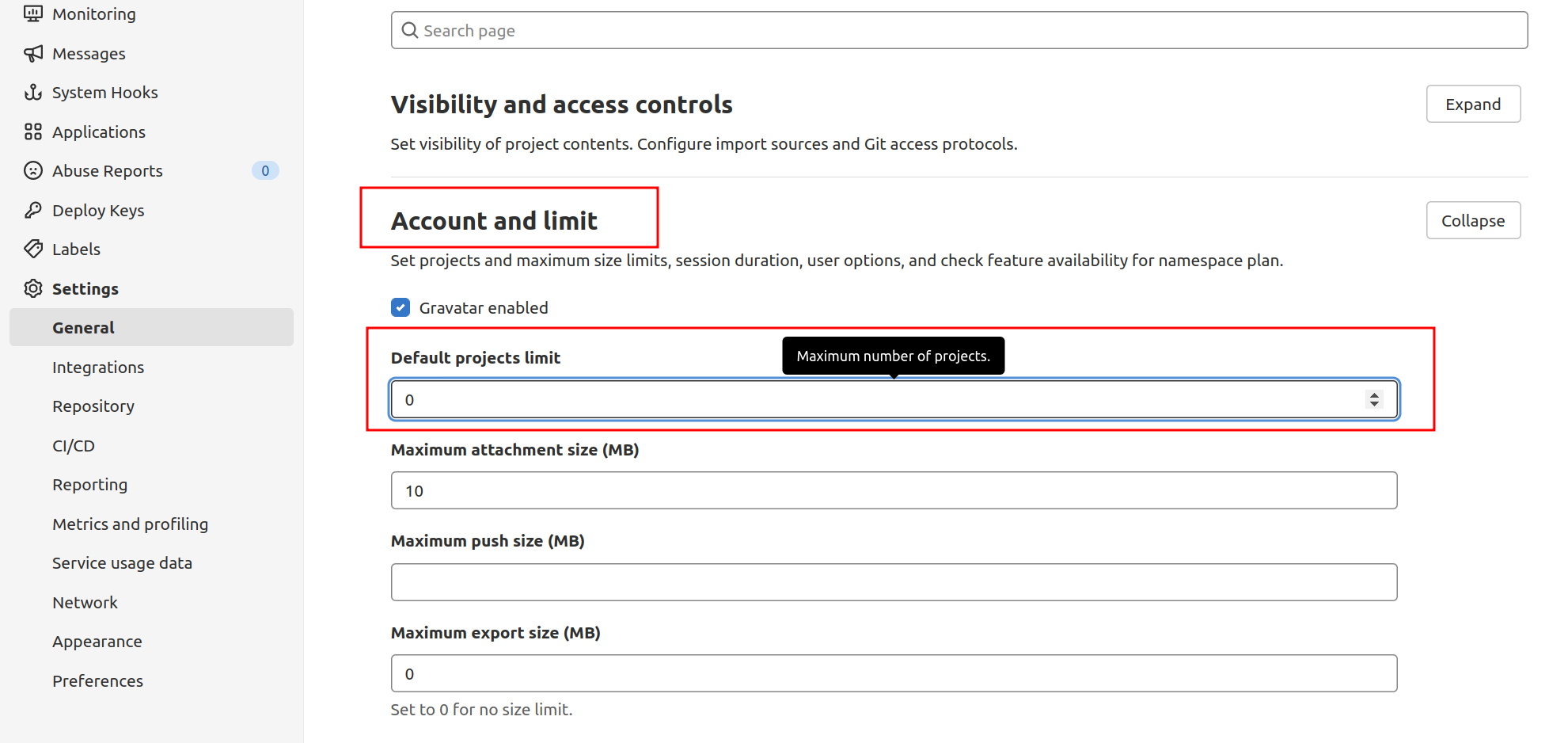 Account and limit page