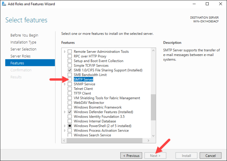 Features->Select SMTP Server->Click on Next