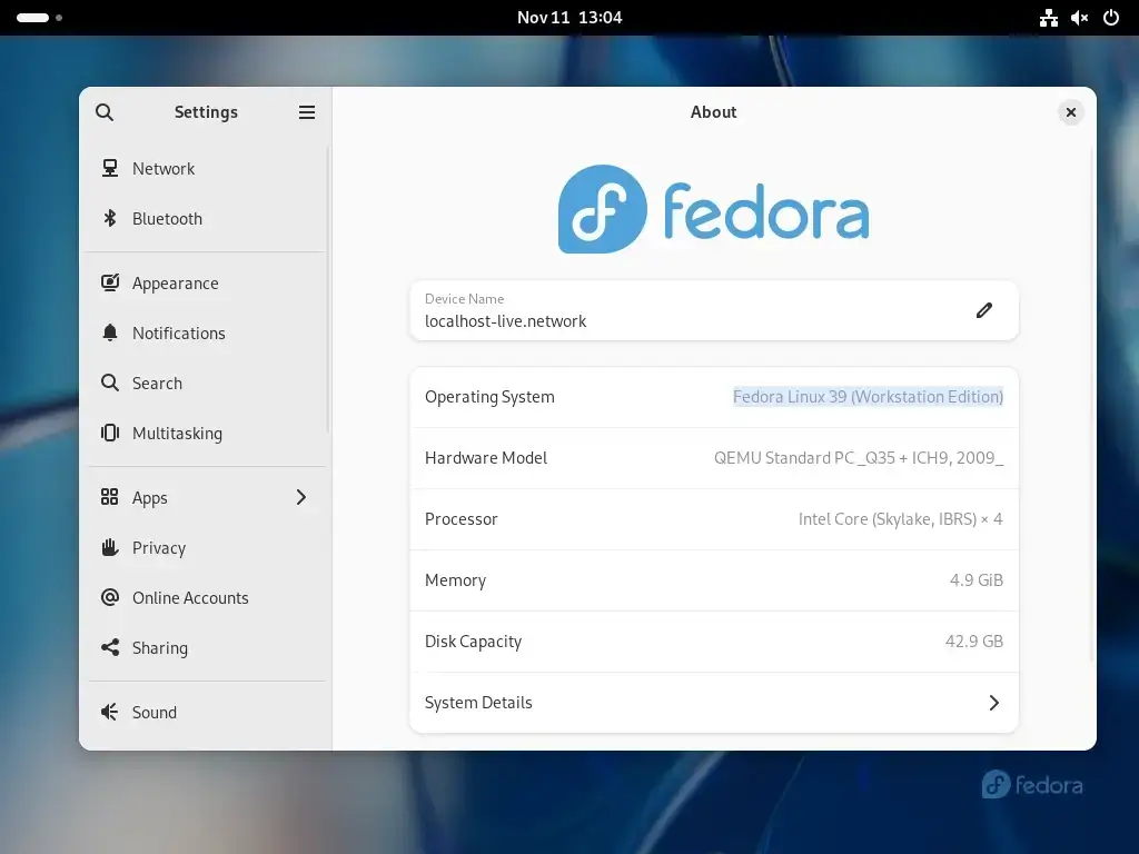 Check Fedora About