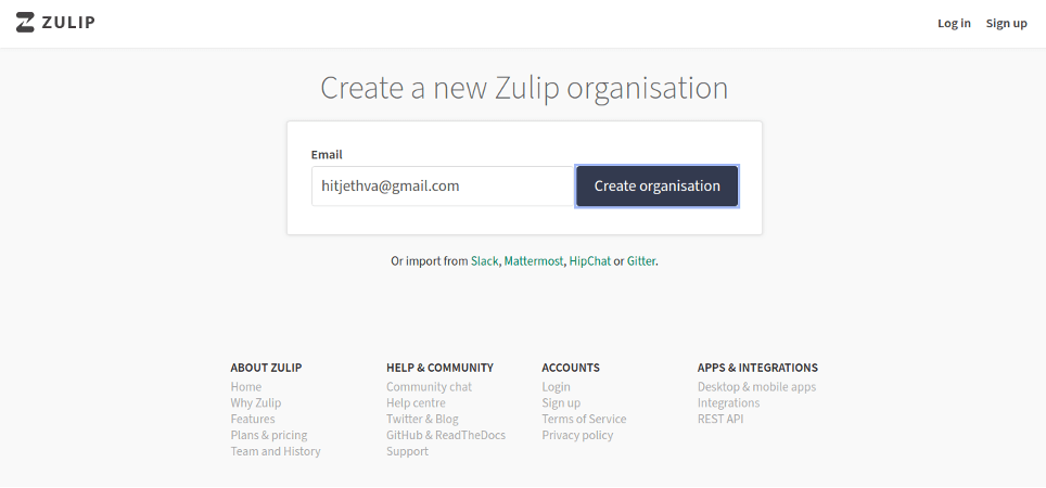 Zulip organisation creation