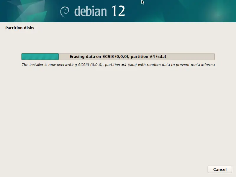 The data of the partition (sda disk partition #4) to be encrypted is being erased.