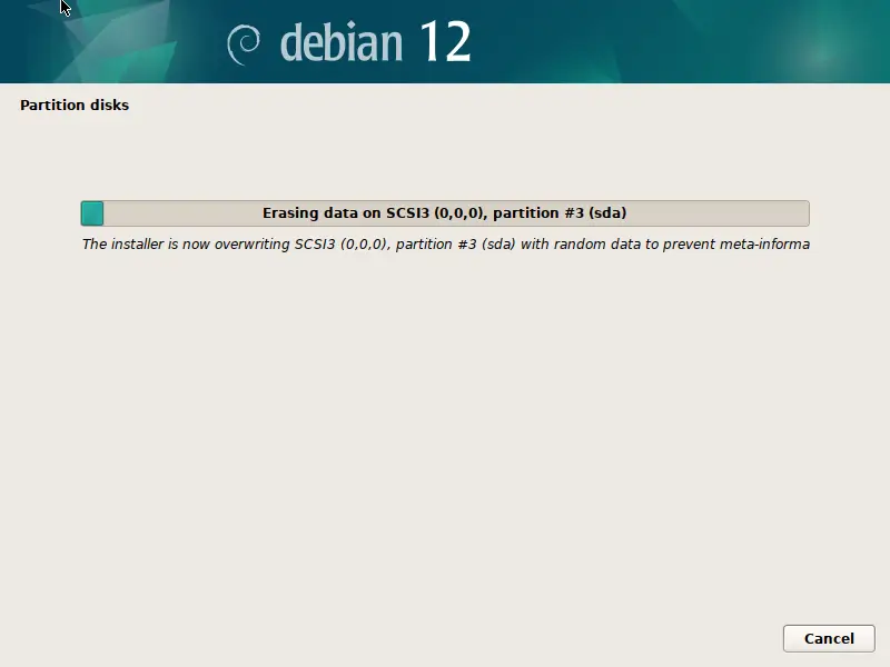 The data of the partition (sda disk partition #3) to be encrypted is being erased.