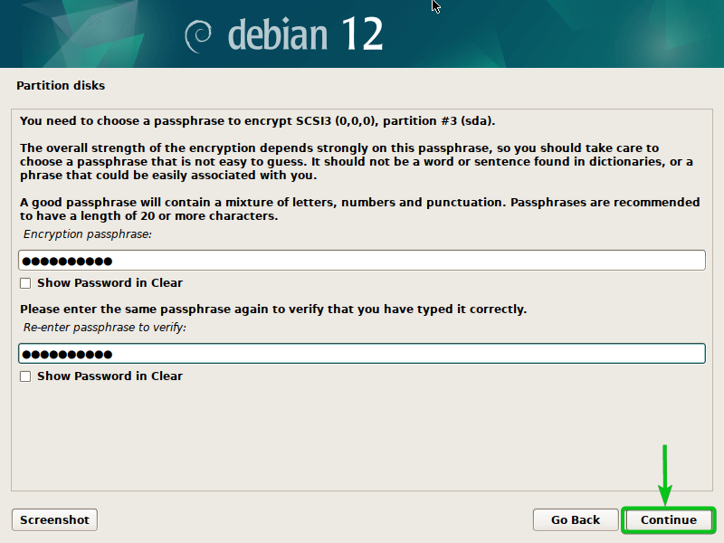 Passphrase to encrypt, partition #3 (sda)