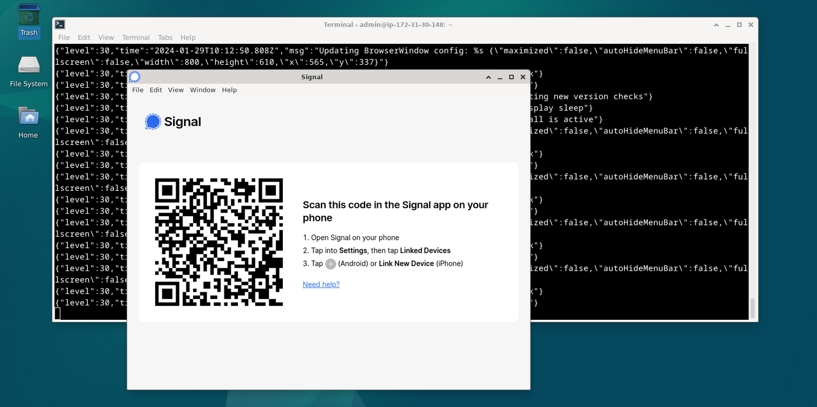 Screenshot displaying QR code scanning feature of Signal Desktop to pair with an Android phone.