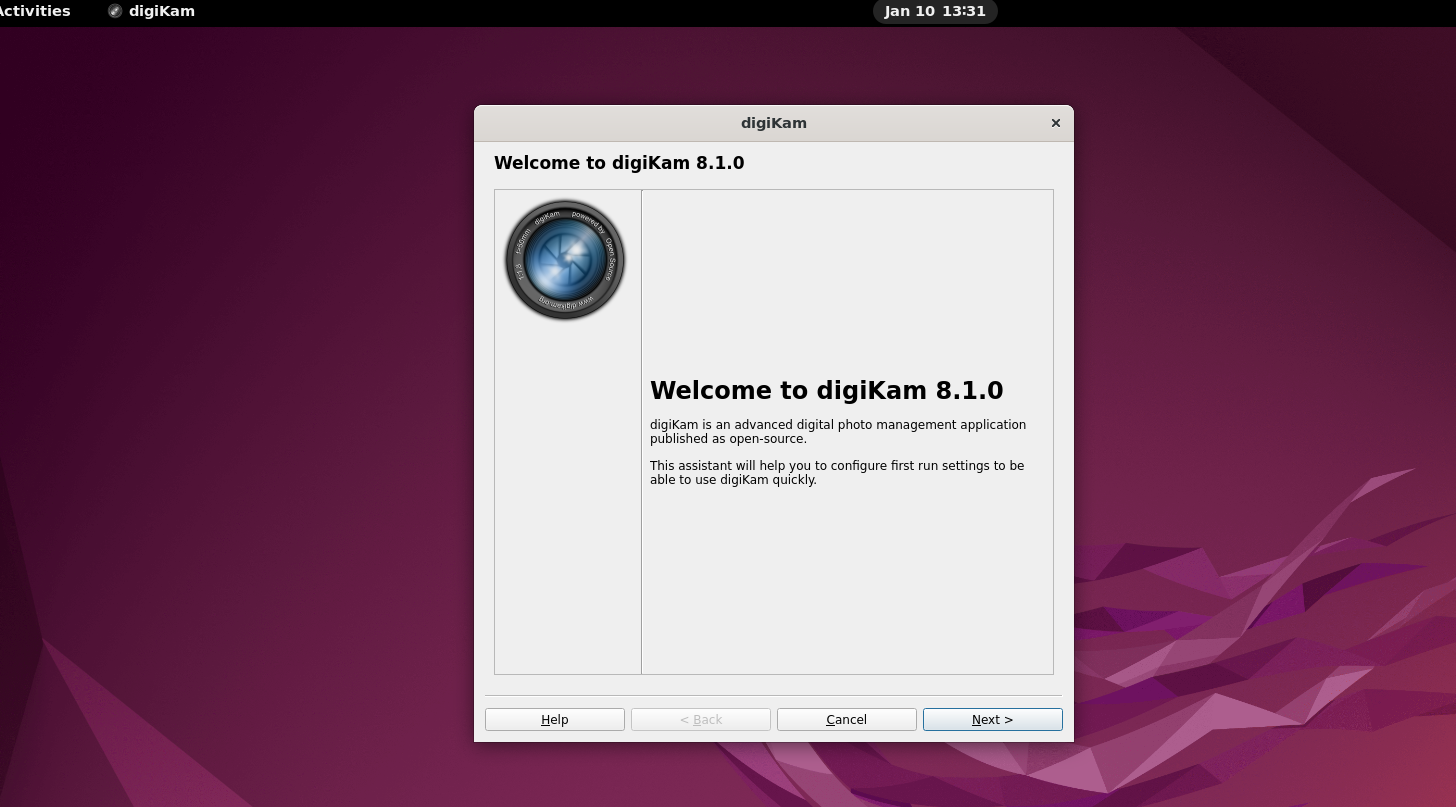 Welcome screen for first-time setup of digiKam on Ubuntu 22.04 or 20.04