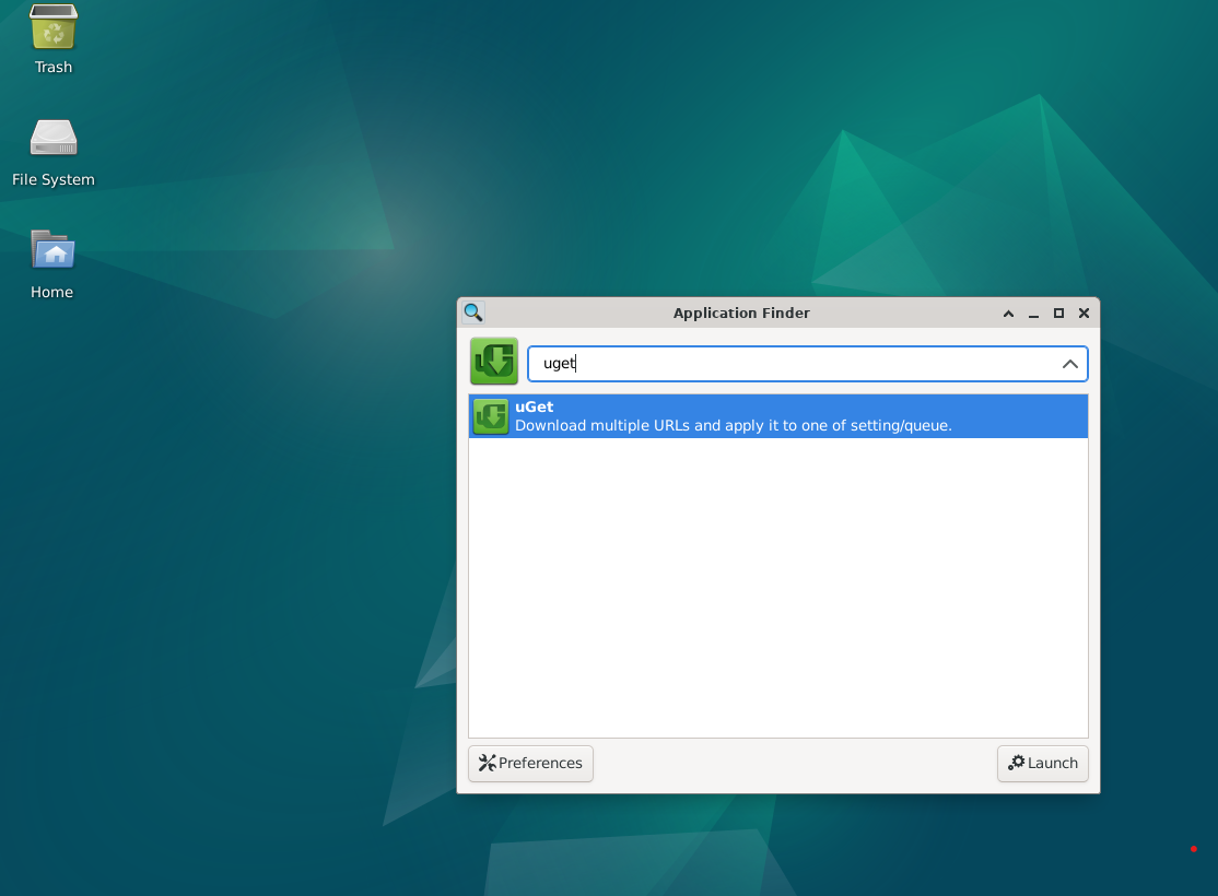 Screenshot showcasing uGet application icon on Debian Linux with a click-to-launch prompt.