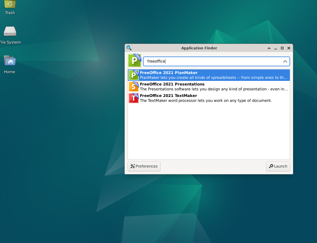 Launching FreeOffice Suite from the application menu on a Debian Linux system."