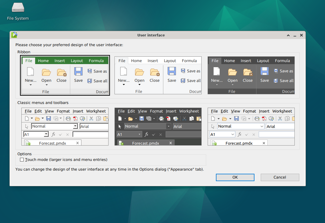 Selecting a user interface look during the first-time launch of FreeOffice on Debian Linux.