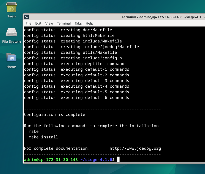 Screenshot displaying successful Siege configurement after building from source on Debian Linux.