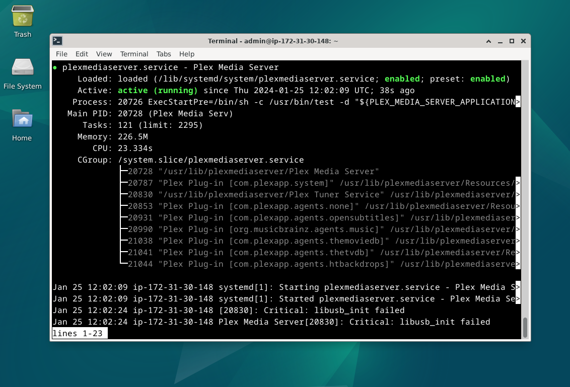 Screenshot displaying Plex Media Server service status in Debian Linux CLI.