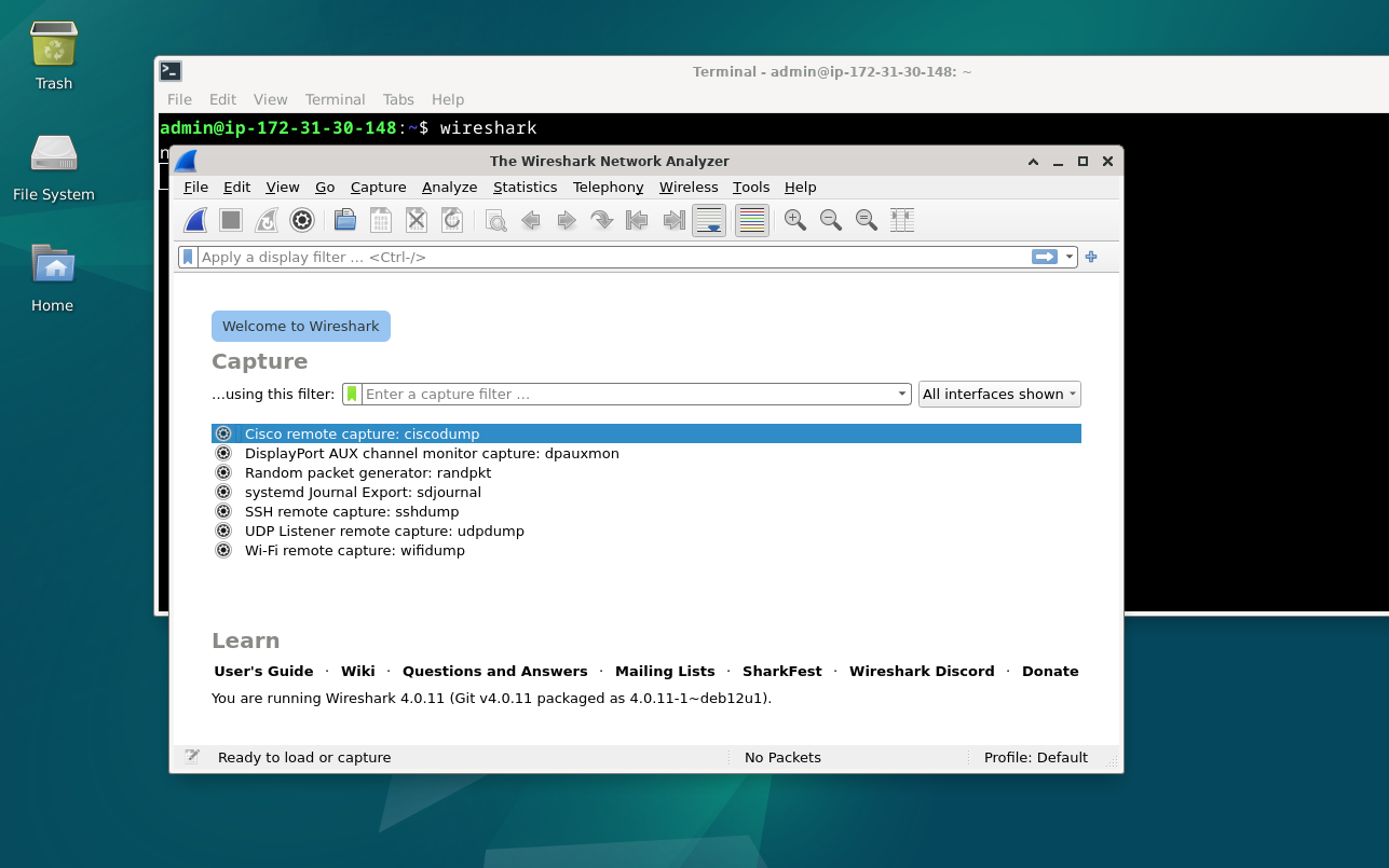 Wireshark's default user interface on Debian Linux showing options to select a service for monitoring.