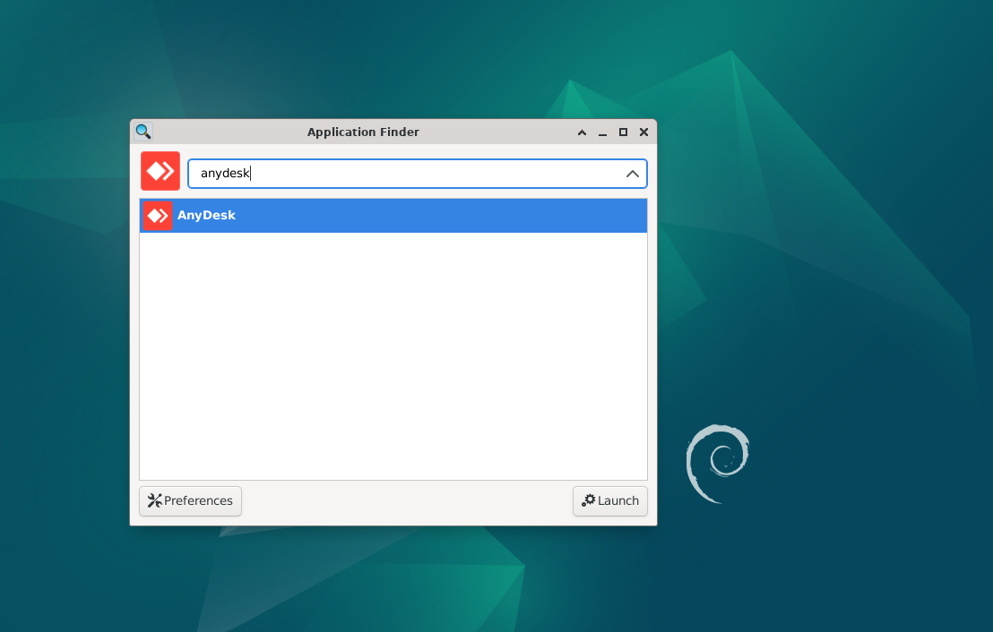 Screenshot showcasing the AnyDesk GUI icon on Debian Linux desktop.