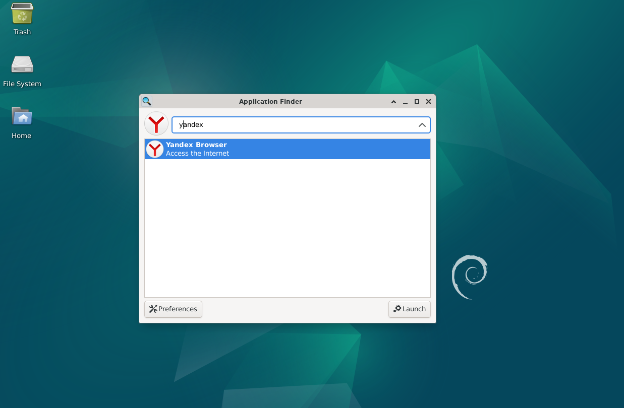 Screenshot showcasing Yandex Browser launch on Debian 12, 11, or 10 desktop.
