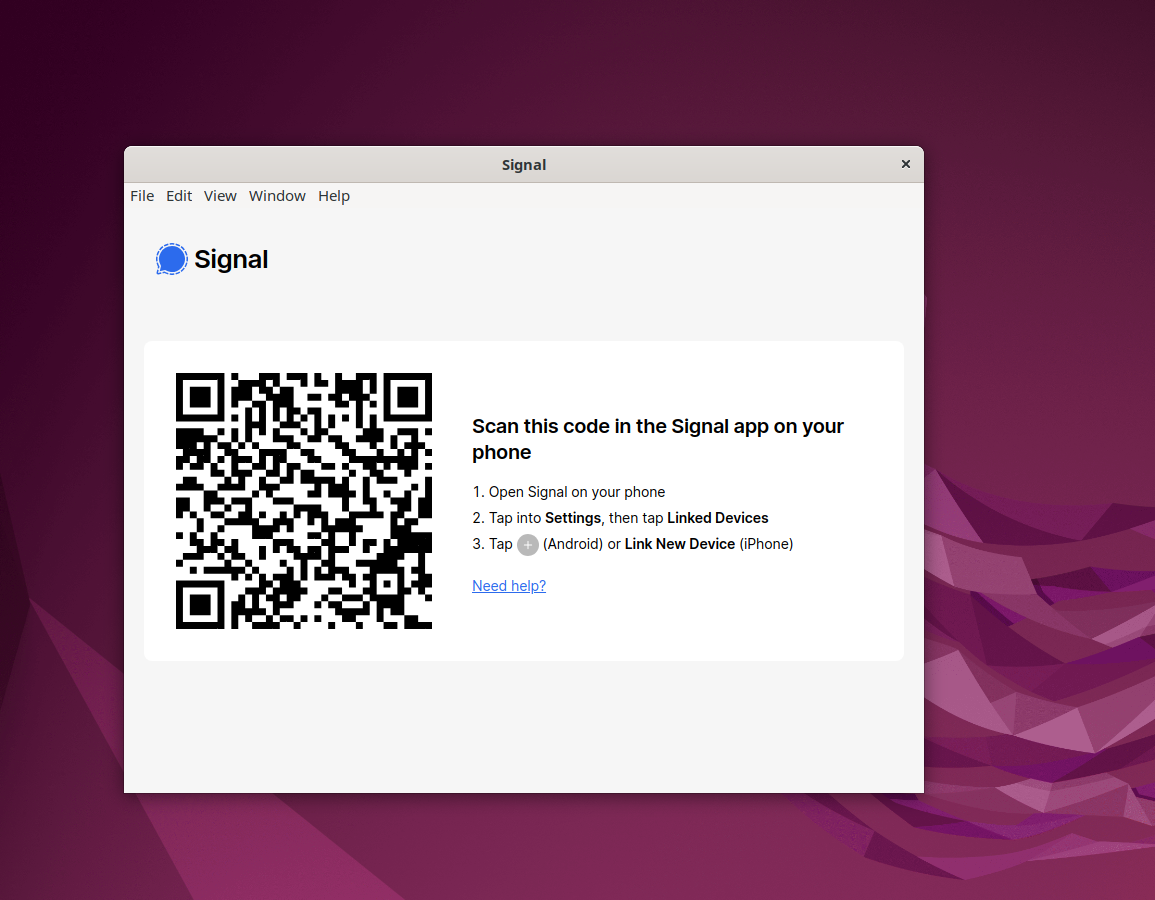 Signing into Signal Messenger using QR Code on Ubuntu 22.04 or 20.04 - Screenshot.
