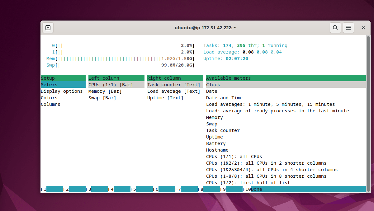 example htop setup menu on ubuntu linux