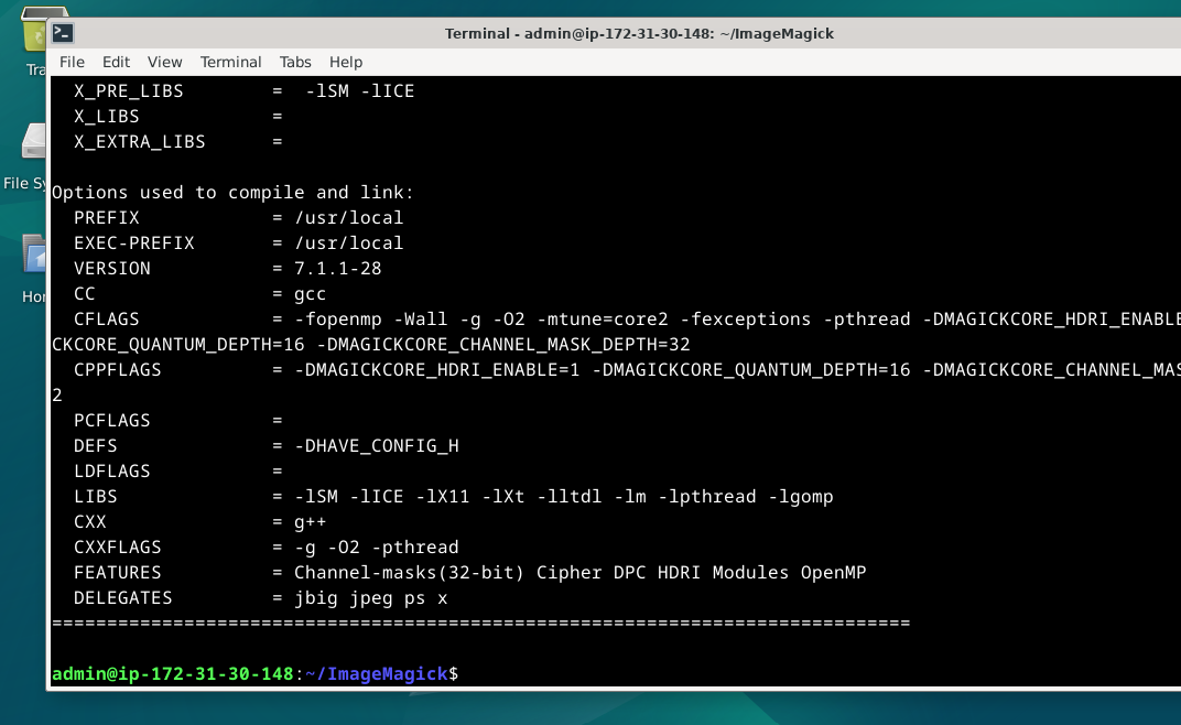 Screenshot of configure script output for installing ImageMagick on Debian 12, 11, or 10.