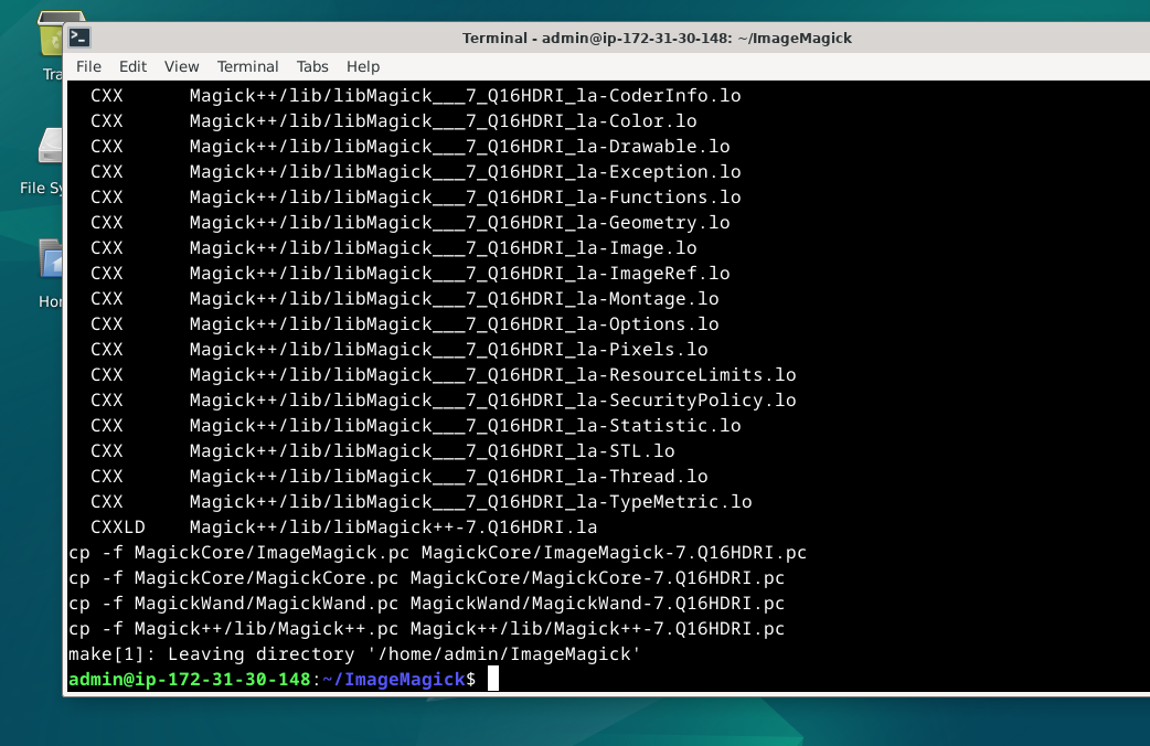 Screenshot of 'make' command output during ImageMagick installation on Debian 12