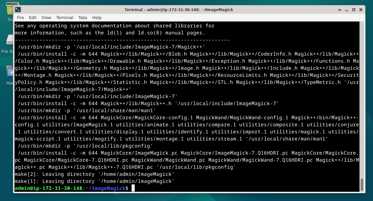 Screenshot of 'make install' command output for ImageMagick installation on Debian 12