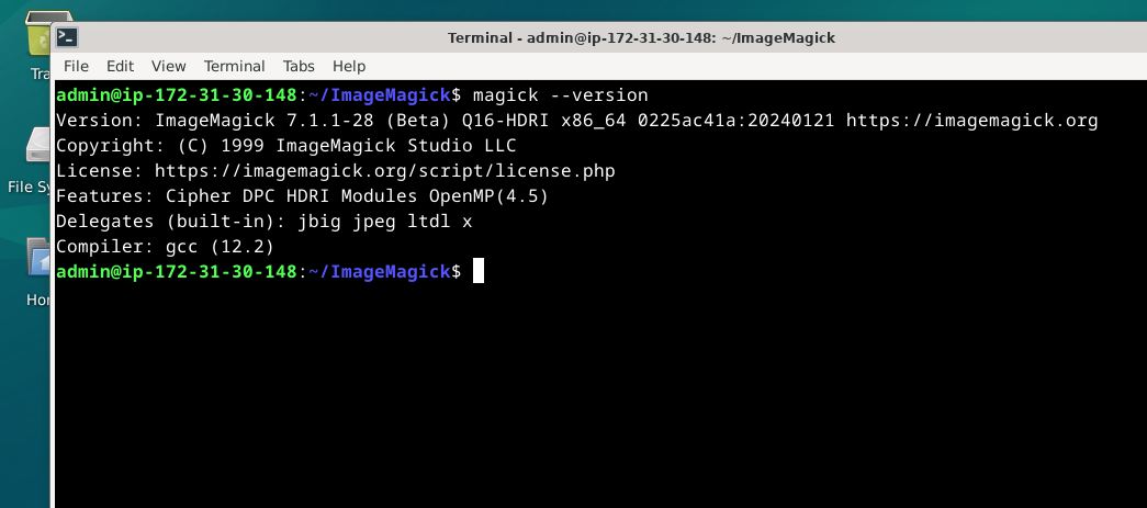 Screenshot showing version output and 'ldconfig' command for compiled ImageMagick on Debian 12, 11, or 10.