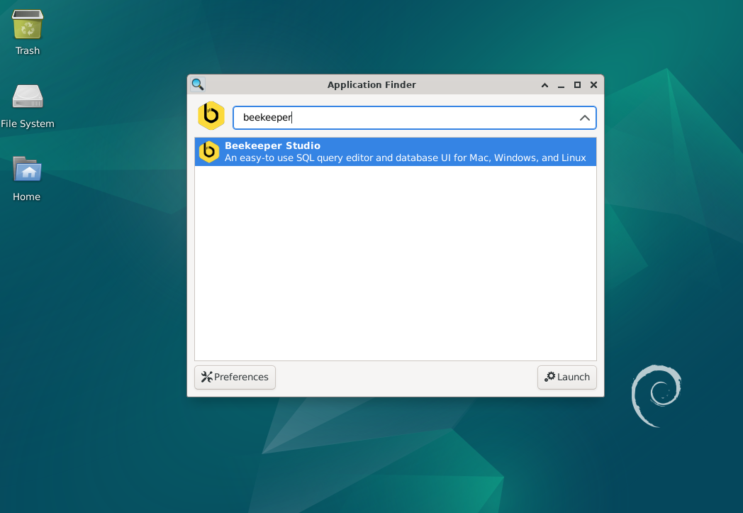 Screenshot demonstrating the launch of Beekeeper Studio on Debian 12, 11, or 10 desktop.
