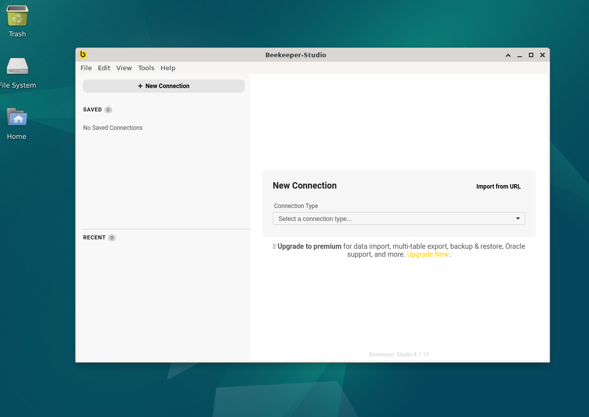 Screenshot showcasing the default UI of Beekeeper Studio on Debian 12, 11, or 10 when establishing a new connection.