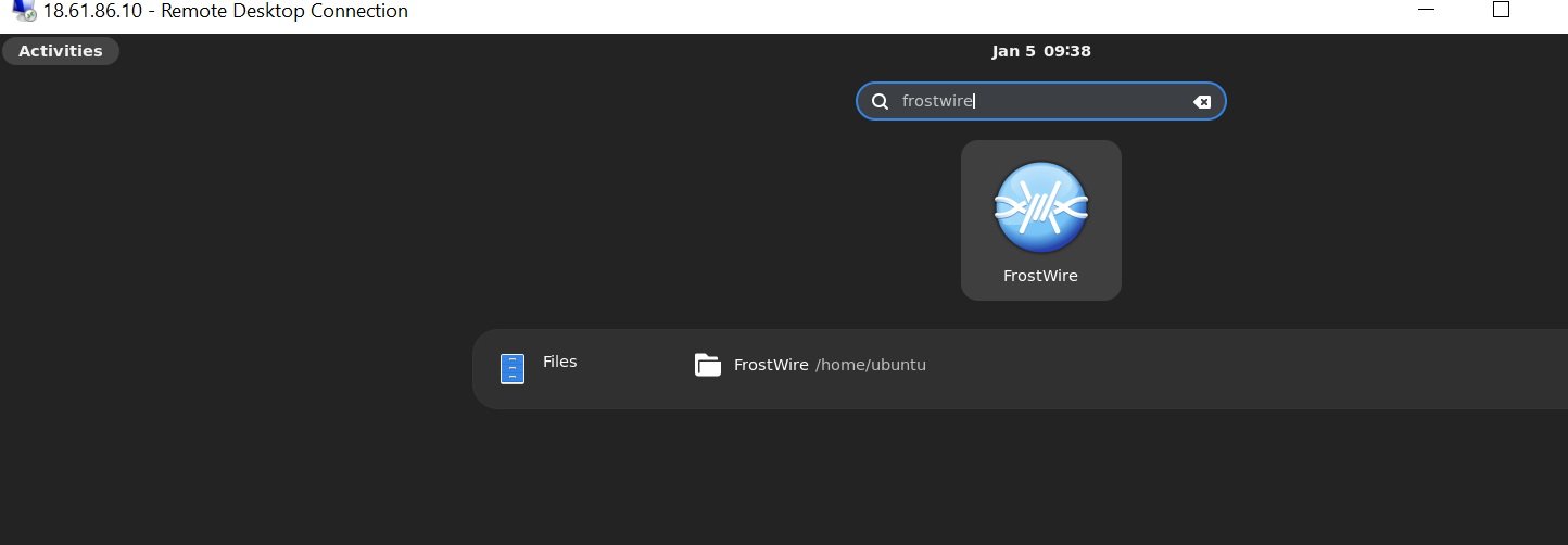 Screenshot showing how to launch FrostWire from the application menu on Ubuntu 22.04 or 20.04.