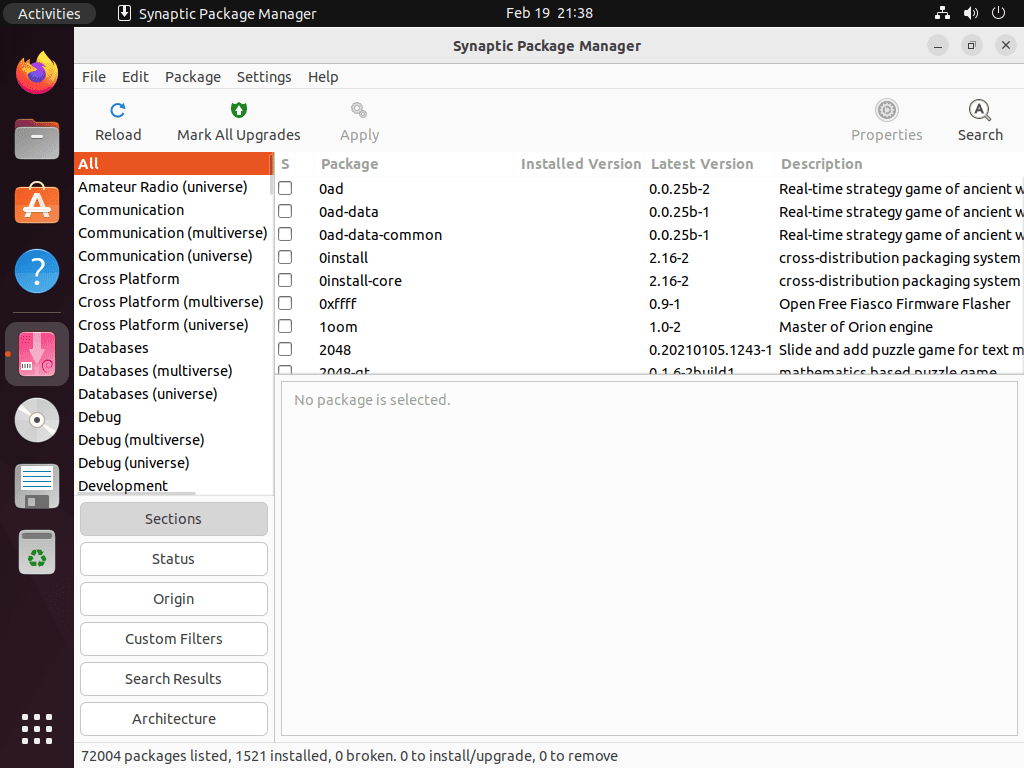 Dashboard of Synaptic Package Manager