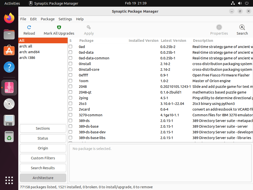 Architecture settings in the Synaptic Package Manager.