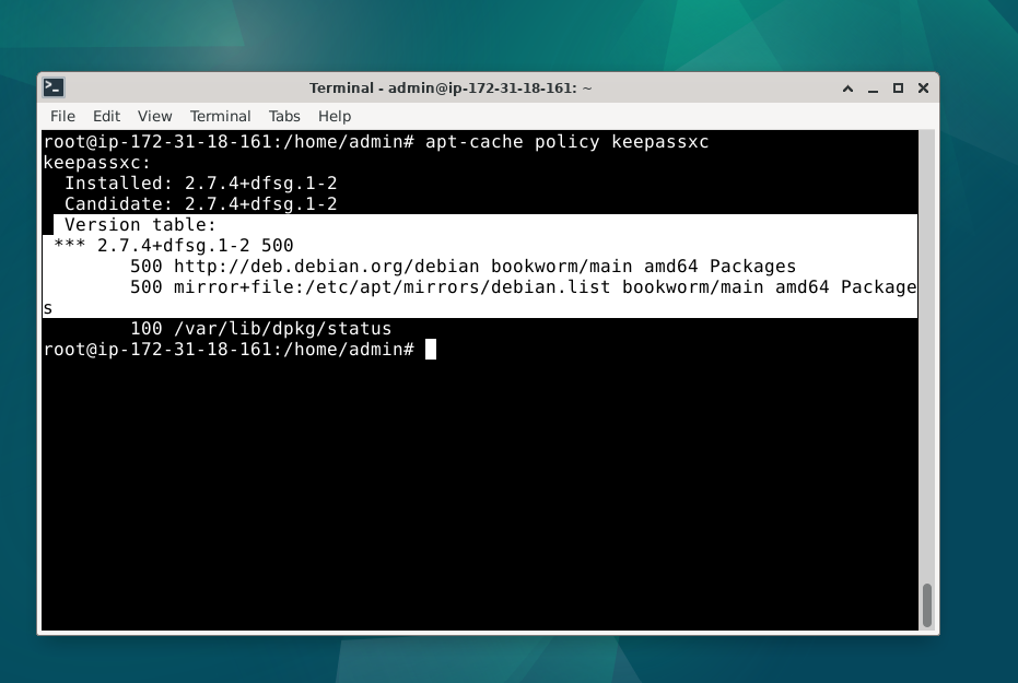 Screenshot showcasing how to check the KeePassXC version using the apt-cache policy command on Debian Linux.