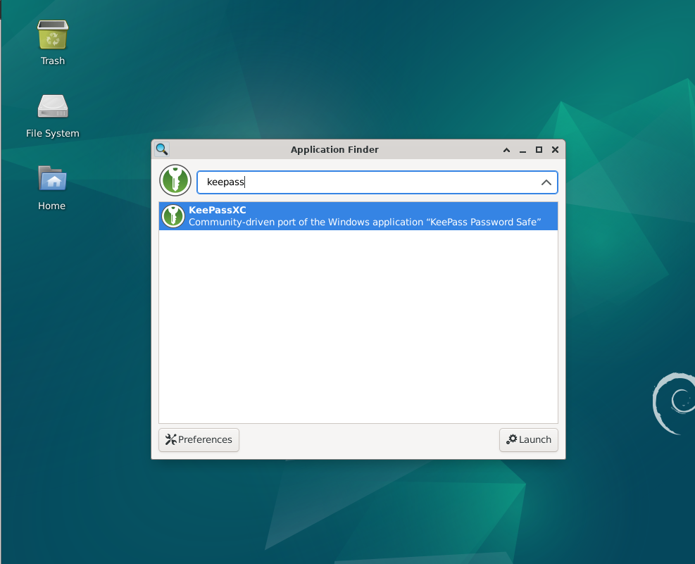KeePassXC application icon on Debian Linux desktop, indicating software readiness to launch.