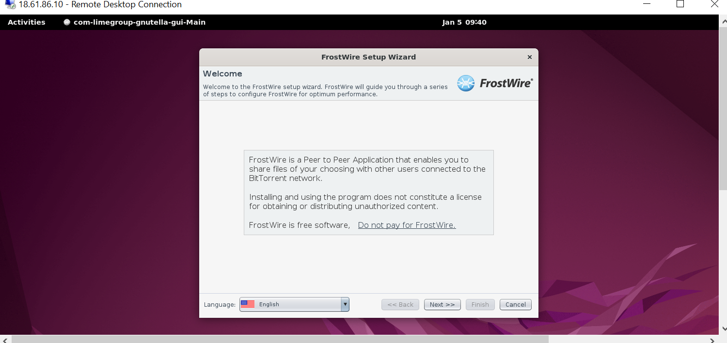 Screenshot of the first-time configuration window for FrostWire on Ubuntu 22.04 or 20.04.