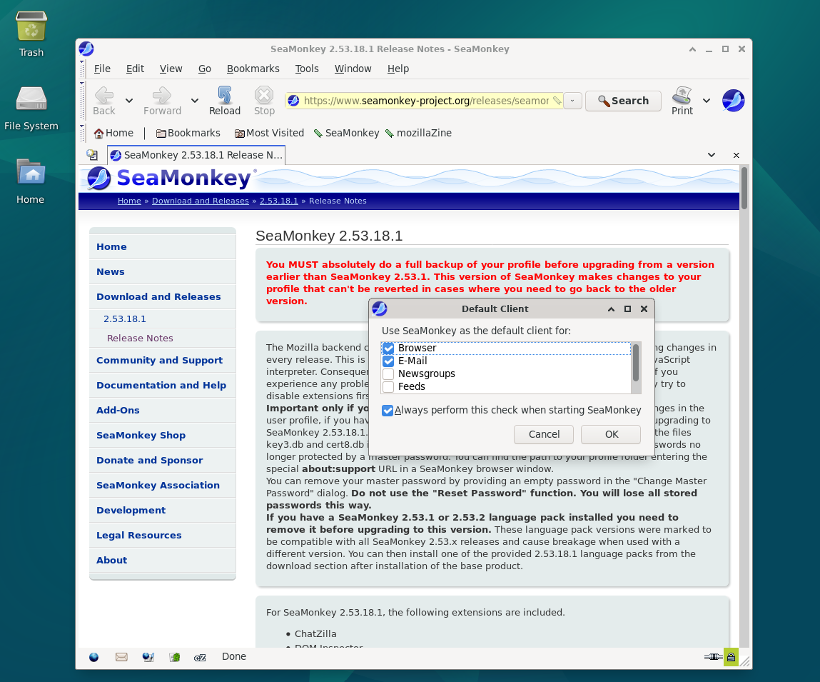 Screenshot showing the first-time prompt options of SeaMonkey on Debian 12
