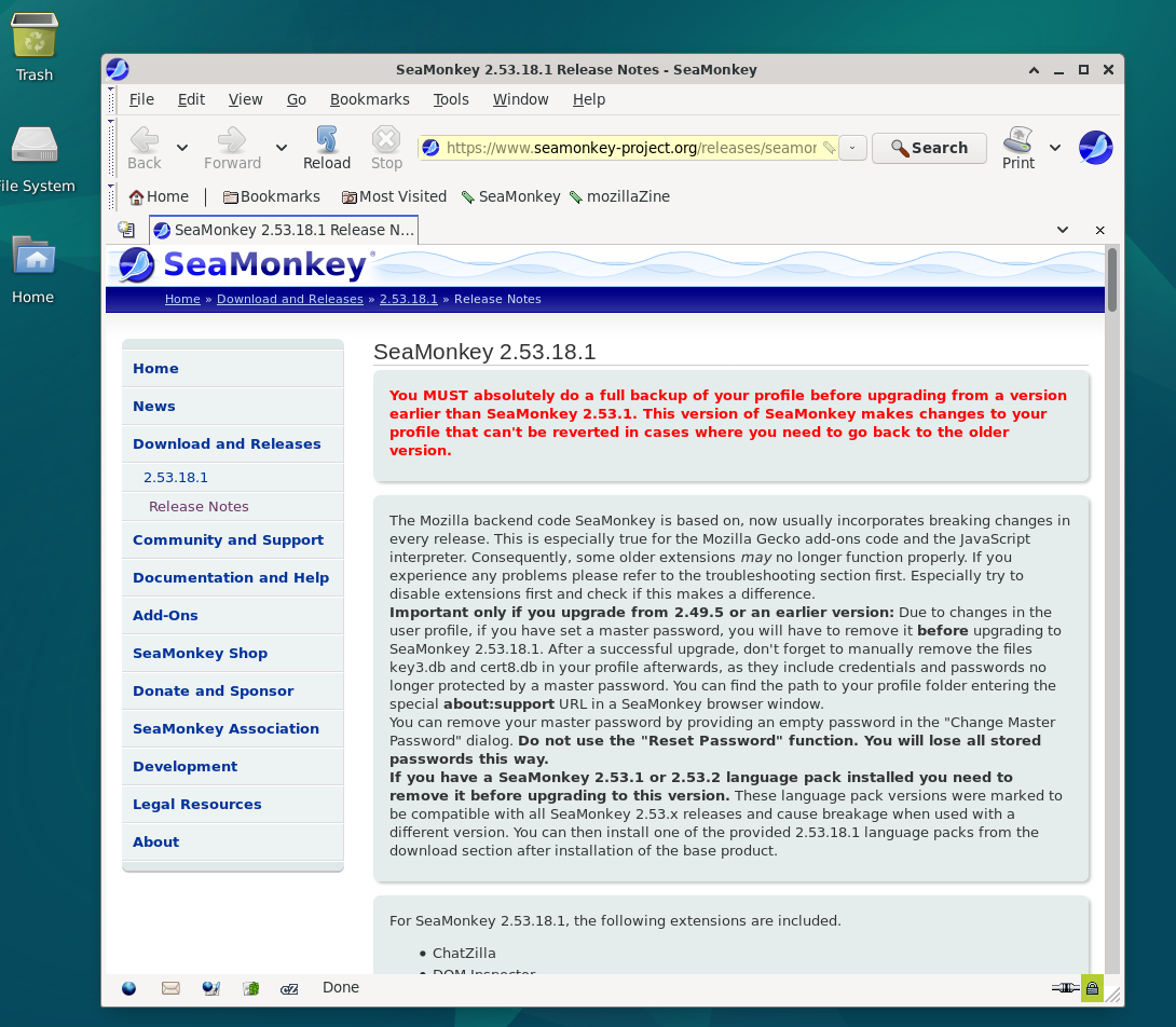 Screenshot of SeaMonkey successfully running on Debian 12, 11 or 10 desktop UI.