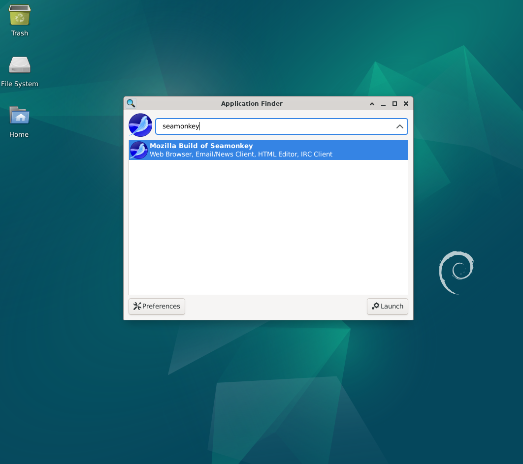 Screenshot demonstrating how to launch SeaMonkey on Debian 12, 11 or 10 desktop.