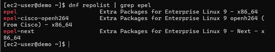 Terminal displaying the EPEL and EPEL-Next repositories in the DNF repolist using the grep command on AlmaLinux.