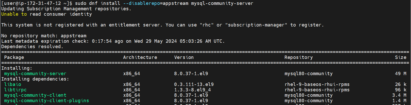 MySQL 8.0 Community Edition installation prompt on AlmaLinux