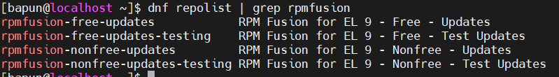 RPM Fusion tainted, free, and nonfree repositories successfully added to an AlmaLinux system.