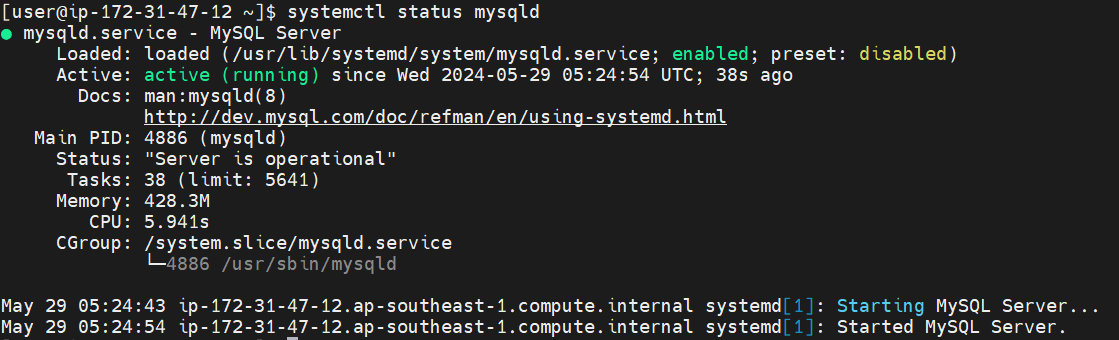 MySQL 8.0 service running actively on AlmaLinux