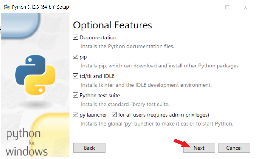 Python installer optional features