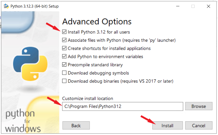 Python installer advanced options