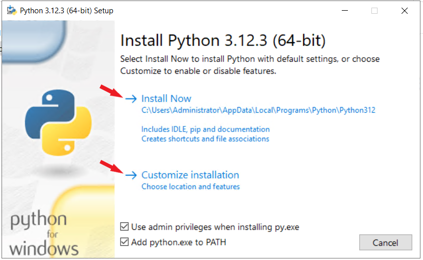 Python installer Install Now or Customize