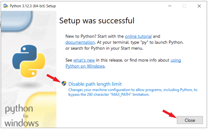 Python installer setup successful