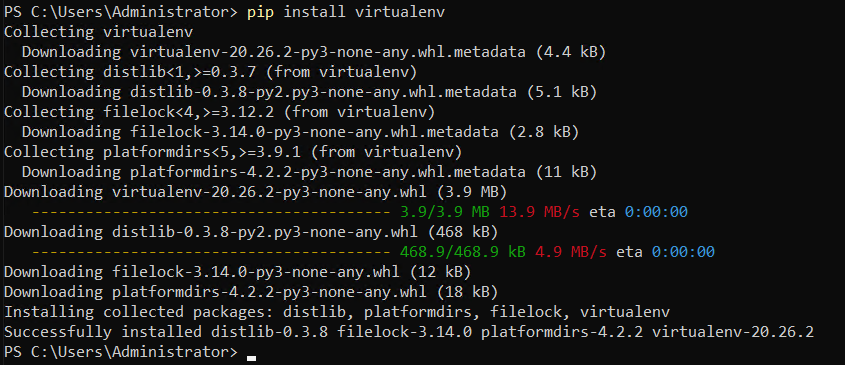 pip install virtualenv CMD output