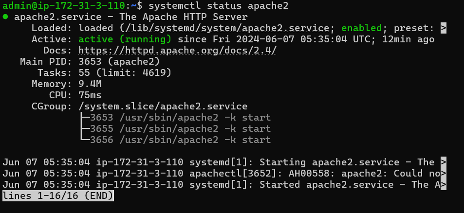 Screenshot depicting apache2 systemd service running successfully post-installation on Debian Linux.