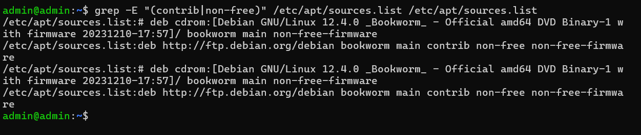 Screenshot illustrating how to add contrib and non-free repositories to Debian Linux.