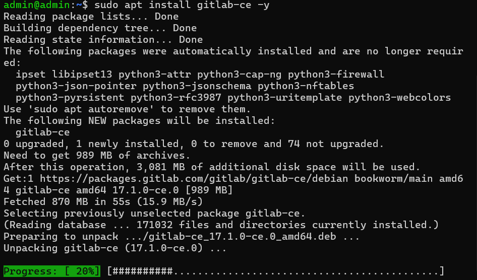 Terminal screenshot showing successful GitLab installation on Debian Linux.