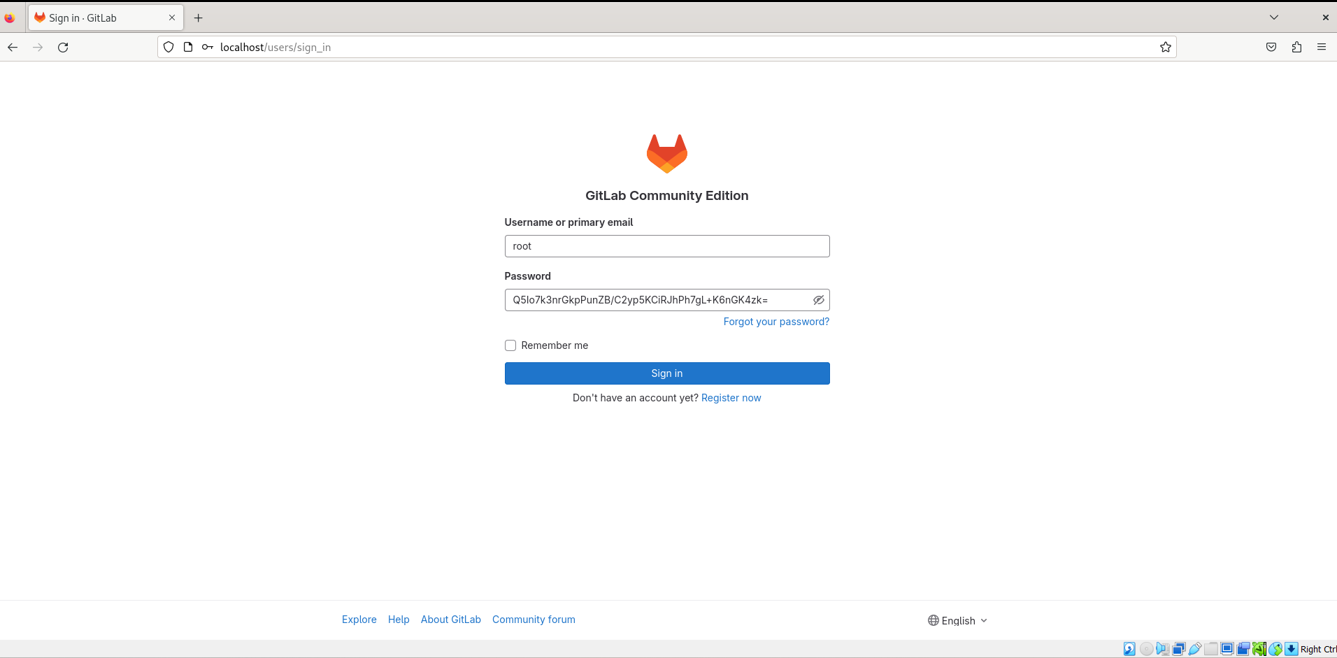 Screenshot of GitLab login page accessed via a web browser on Debian Linux.